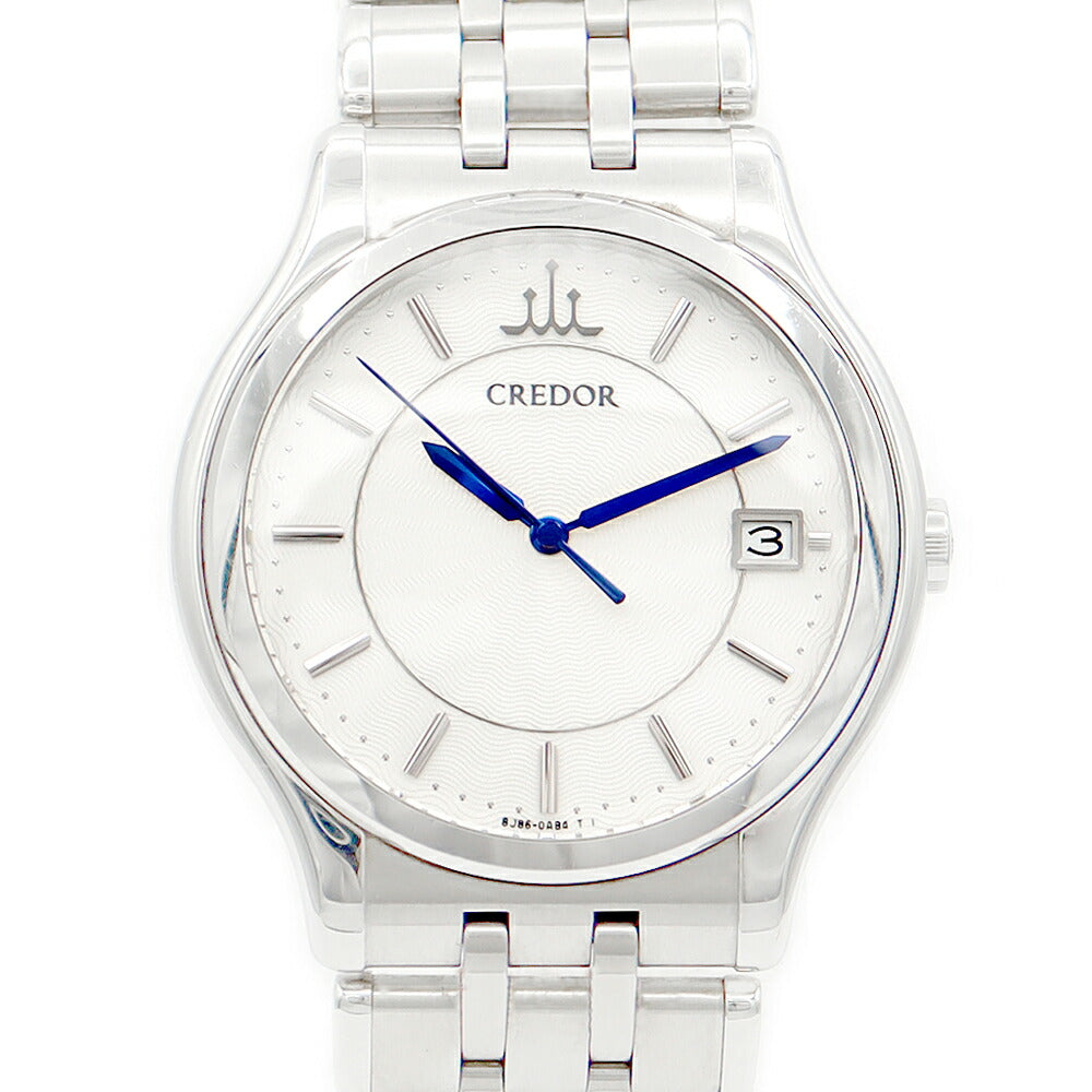 電池交換済 SEIKO CREDOR セイコー クレドール シグノ デイト GCAZ015 8J86-7A00 青針 白 ホワイト ギョーシェ SS ステンレス メンズ クォーツ【6ヶ月保証】【腕時計】【中古】