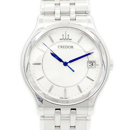 電池交換済 SEIKO CREDOR セイコー クレドール シグノ デイト GCAZ015 8J86-7A00 青針 白 ホワイト ギョーシェ SS ステンレス メンズ クォーツ【6ヶ月保証】【腕時計】【中古】
