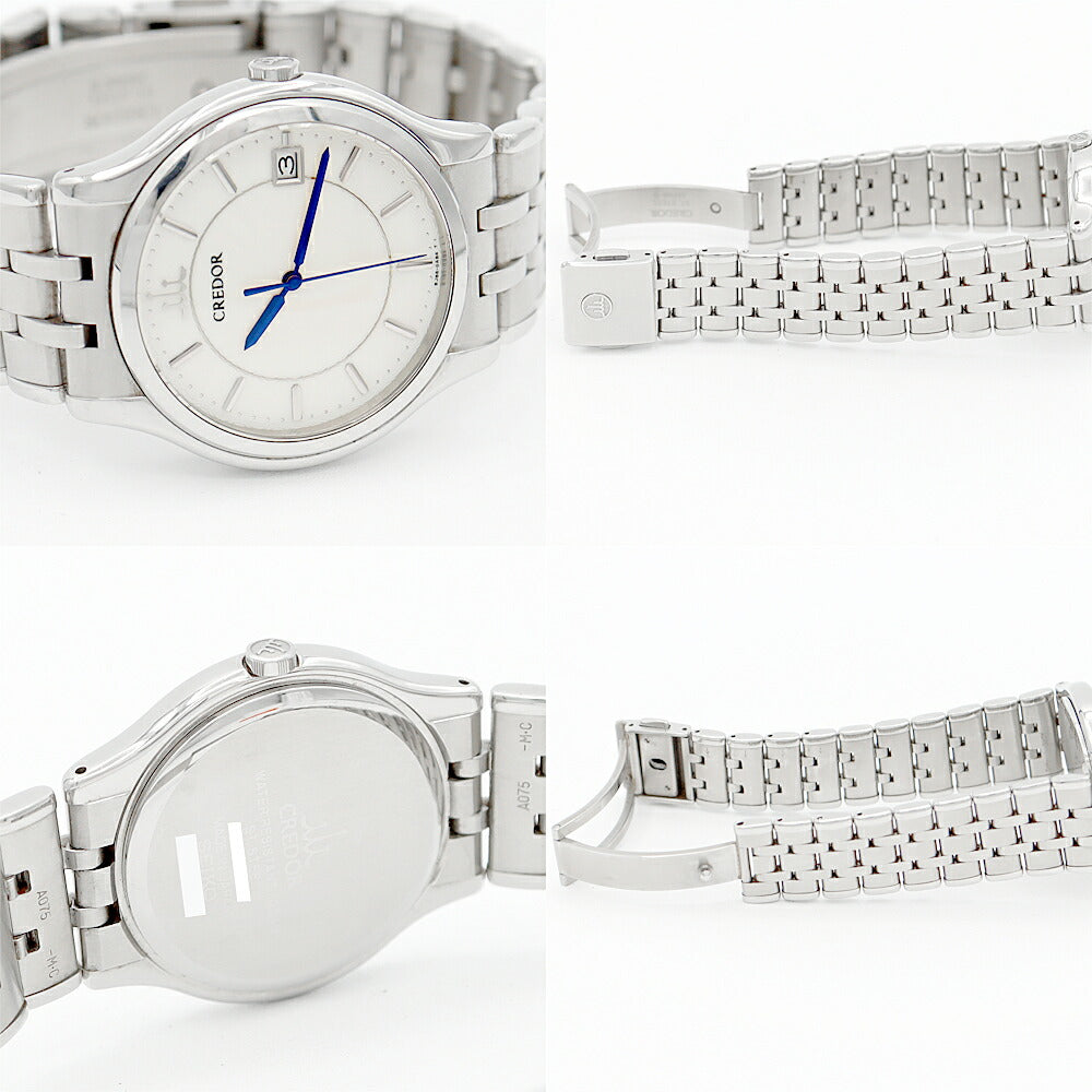電池交換済 SEIKO CREDOR セイコー クレドール シグノ デイト GCAZ015 8J86-7A00 青針 白 ホワイト ギョーシェ SS ステンレス メンズ クォーツ【6ヶ月保証】【腕時計】【中古】