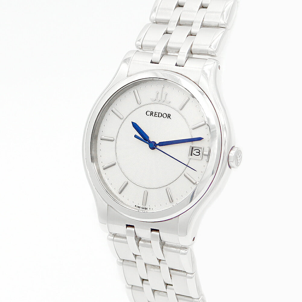 電池交換済 SEIKO CREDOR セイコー クレドール シグノ デイト GCAZ015 8J86-7A00 青針 白 ホワイト ギョーシェ SS ステンレス メンズ クォーツ【6ヶ月保証】【腕時計】【中古】