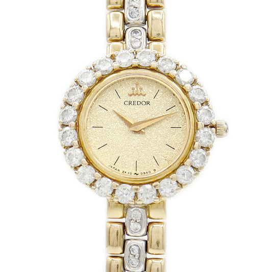 電池交換済 SEIKO セイコー クレドール 純正ダイヤモンド 2F70-0120-D K18YG ダイヤベゼル ダイヤブレス シャンパンゴールド YG イエローゴールド WG ホワイトゴールド レディース クォーツ【6ヶ月保証】【腕時計】【中古】