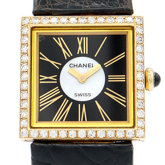 電池交換済 CHANEL シャネル マドモアゼル ダイヤモンドベゼル H0103 金無垢 純正ダイヤモンド 黒 ブラック ホワイト シェル K18YG イエローゴールド レディース クォーツ マドモワゼル【6ヶ月保証】【腕時計】【中古】