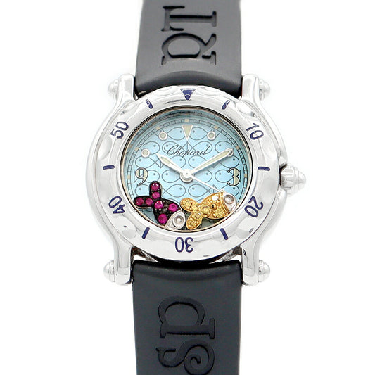 電池交換済 Chopard ショパール ハッピースポーツ ハッピーフィッシュ 27/8923-402 ムービングストーン 青 水色 ブルー SS ステンレス 純正ベルト 純正尾錠 レディース クォーツ【6ヶ月保証】【腕時計】【中古】
