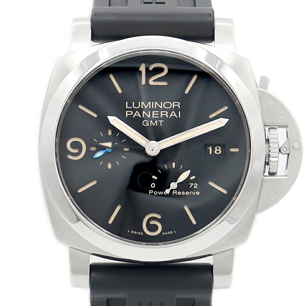 PANERAI パネライ ルミノール 1950 3デイズ GMT パワーリザーブ アッチャイオ  PAM01321 デイト 300m防水 スモールセコンド 黒 ブラック SS ステンレス 純正ベルト 純正尾錠 メンズ 自動巻き【6ヶ月保証】【腕時計】【中古】