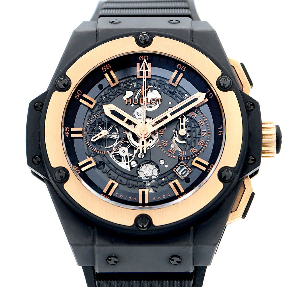 HUBLOT ウブロ キングパワー ウニコ 701.CO.0180.RX デイト 黒 ブラック スケルトン K18KG キングゴールド CE セラミック 純正ベルト 純正K18KG尾錠 メンズ 自動巻き ビッグバン【6ヶ月保証】【腕時計】【中古】