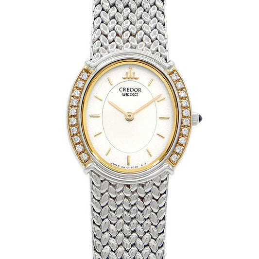 Battery replacement Seiko Seiko Couredor Oval Diamond Besel Diamond 5A70-3000 White White Shell K18YG Yellow Gold SS Stainless Ladies Quartz [6 months warranty] [Watch] [Used]