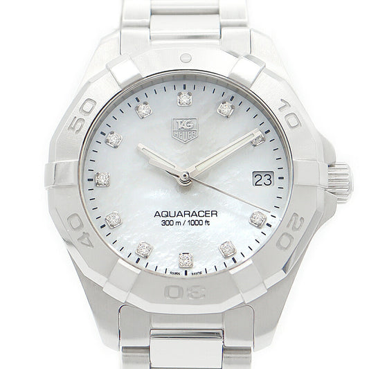 電池交換済 TAG Heuer タグホイヤー アクアレーサー WAY1313 BA0915 300m防水 デイト 11Pダイヤモンド 白 ホワイト シェル SS ステンレス レディース クォーツ【6ヶ月保証】【腕時計】【中古】