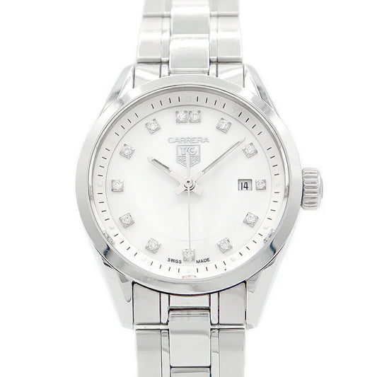 電池交換済 TAG Heuer タグホイヤー カレラ WV1411 BA0793 デイト 純正ダイヤモンド 13Pダイヤ 白 ホワイト シェル SS ステンレス レディース クォーツ【6ヶ月保証】【腕時計】【中古】