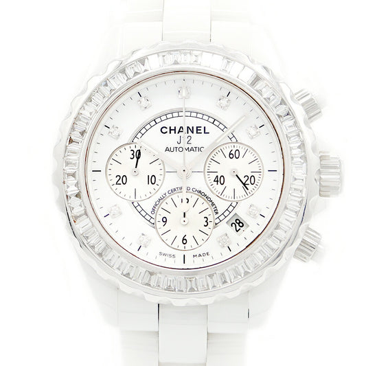 CHANEL シャネル J12 41mm クロノグラフ H2009 デイト 純正ダイヤモンド 9Pダイヤ バケットダイヤベゼル 白 ホワイト セラミック SS ステンレス アフターダイヤモンド メンズ 自動巻き【6ヶ月保証】【腕時計】【中古】