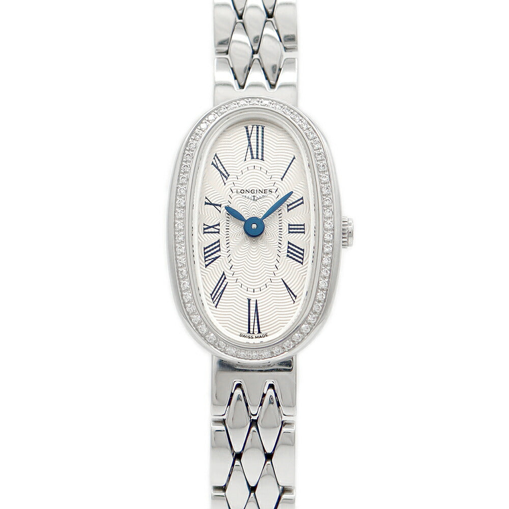 電池交換済 LONGINES ロンジン サンフォネット ダイヤベゼル L2.304.0 ダイヤモンド シルバー ギョーシェ SS ステンレス レディース クォーツ【6ヶ月保証】【腕時計】【中古】