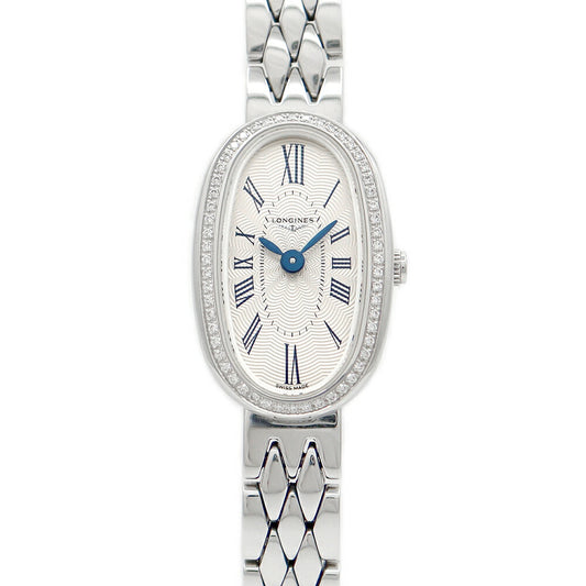 電池交換済 LONGINES ロンジン サンフォネット ダイヤベゼル L2.304.0 ダイヤモンド シルバー ギョーシェ SS ステンレス レディース クォーツ【6ヶ月保証】【腕時計】【中古】