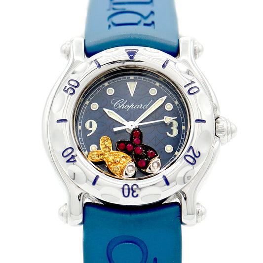電池交換済 Chopard ショパール ハッピースポーツ ハッピーフィッシュ 27/8923-402 青 ブルー ムービングストーン ルビー イエローサファイア SS ステンレス 純正ベルト 純正尾錠 レディース クォーツ【6ヶ月保証】【腕時計】【中古】