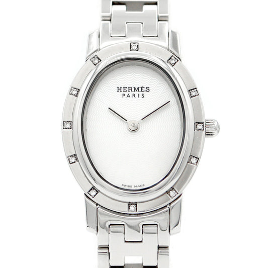 電池交換済 HERMES エルメス クリッパー ナクレ オーバル CO1.230 純正ダイヤモンド 12Pダイヤベゼル 白 ホワイト シェル ギョーシェ SS ステンレス レディース クォーツ【6ヶ月保証】【腕時計】【中古】