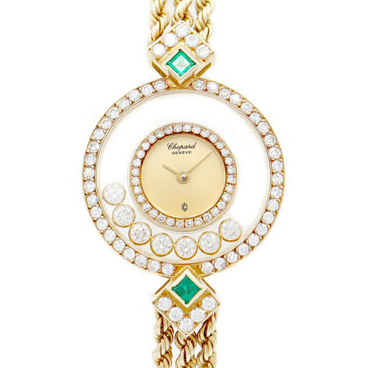 電池交換済 Chopard ショパール ハッピーダイヤモンド 4054 純正ダイヤモンド ダイヤベゼル 7Pムービングダイヤ ラグダイヤ エメラルド 金 ゴールド K18YG イエローゴールド 金無垢 レディース クォーツ【6ヶ月保証】【腕時計】【中古】