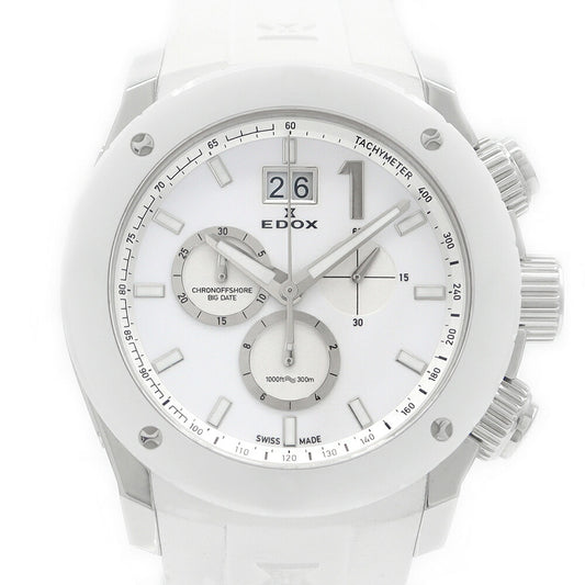 電池交換済 EDOX エドックス クラスワン クロノオフショア1 クロノグラフ 10020-3B-BN2 ビッグデイト 300ｍ防水 白 ホワイト SS ステンレス セラミック 純正ラバーベルト 純正尾錠 メンズ クォーツ【6ヶ月保証】【腕時計】【中古】