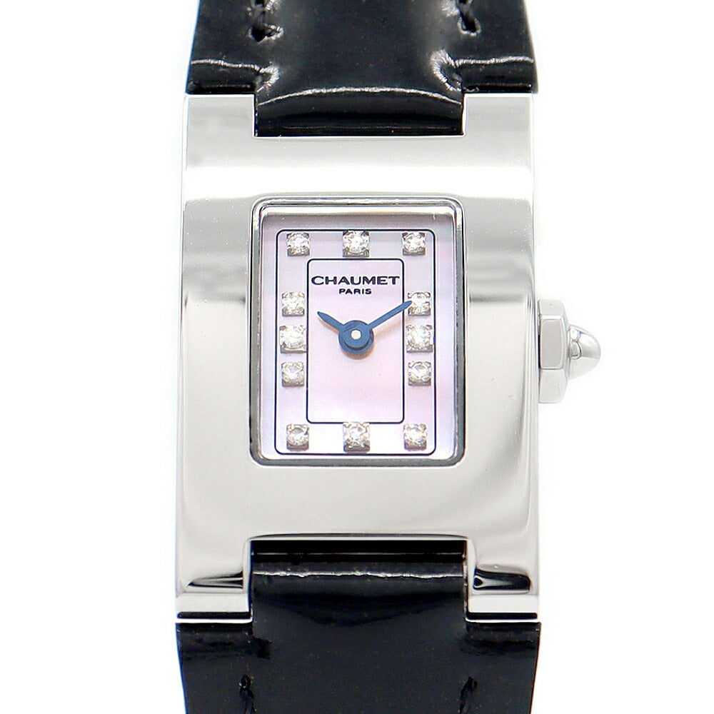 電池交換済 CHAUMET ショーメ スタイルレクタングル W0121D 053 純正ダイヤモンド 12Pダイヤ ピンク シェル SS ステンレス 純正ベルト 純正尾錠 レディース クォーツ【6ヶ月保証】【腕時計】【中古】