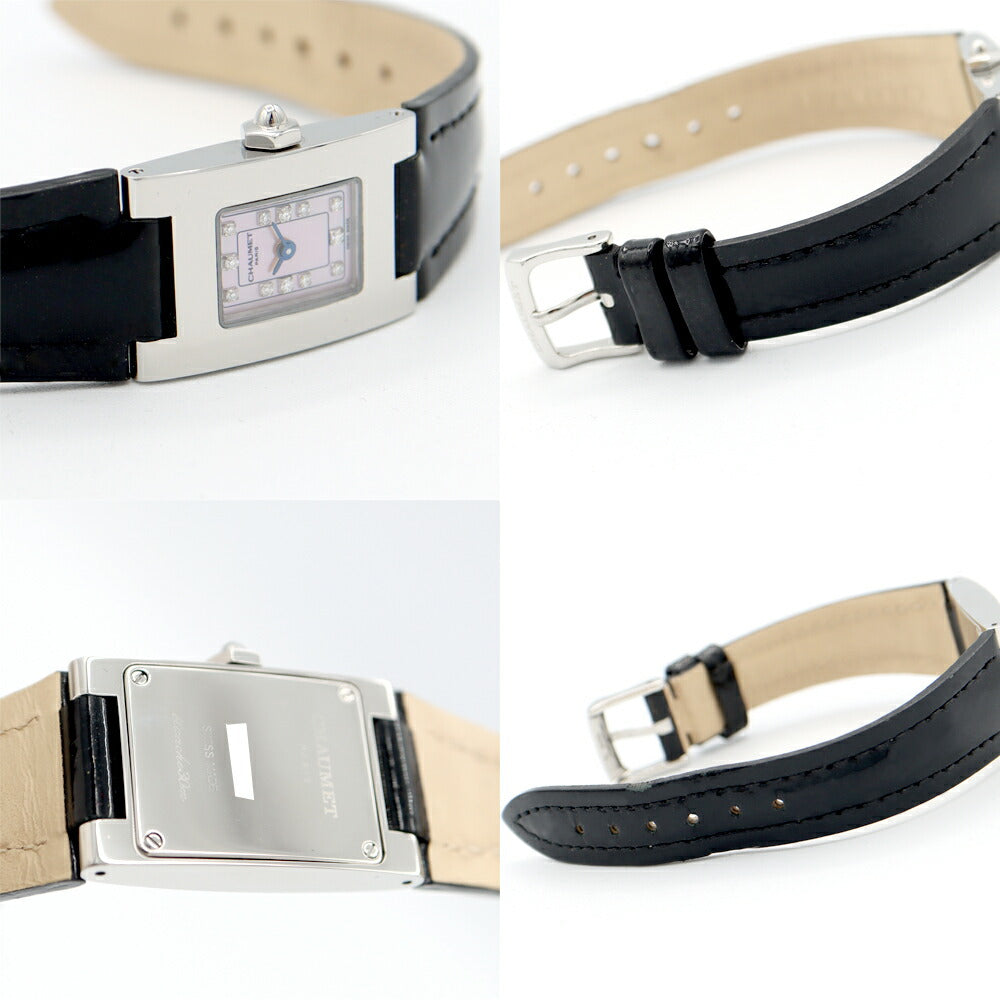 電池交換済 CHAUMET ショーメ スタイルレクタングル W0121D 053 純正ダイヤモンド 12Pダイヤ ピンク シェル SS ステンレス 純正ベルト 純正尾錠 レディース クォーツ【6ヶ月保証】【腕時計】【中古】