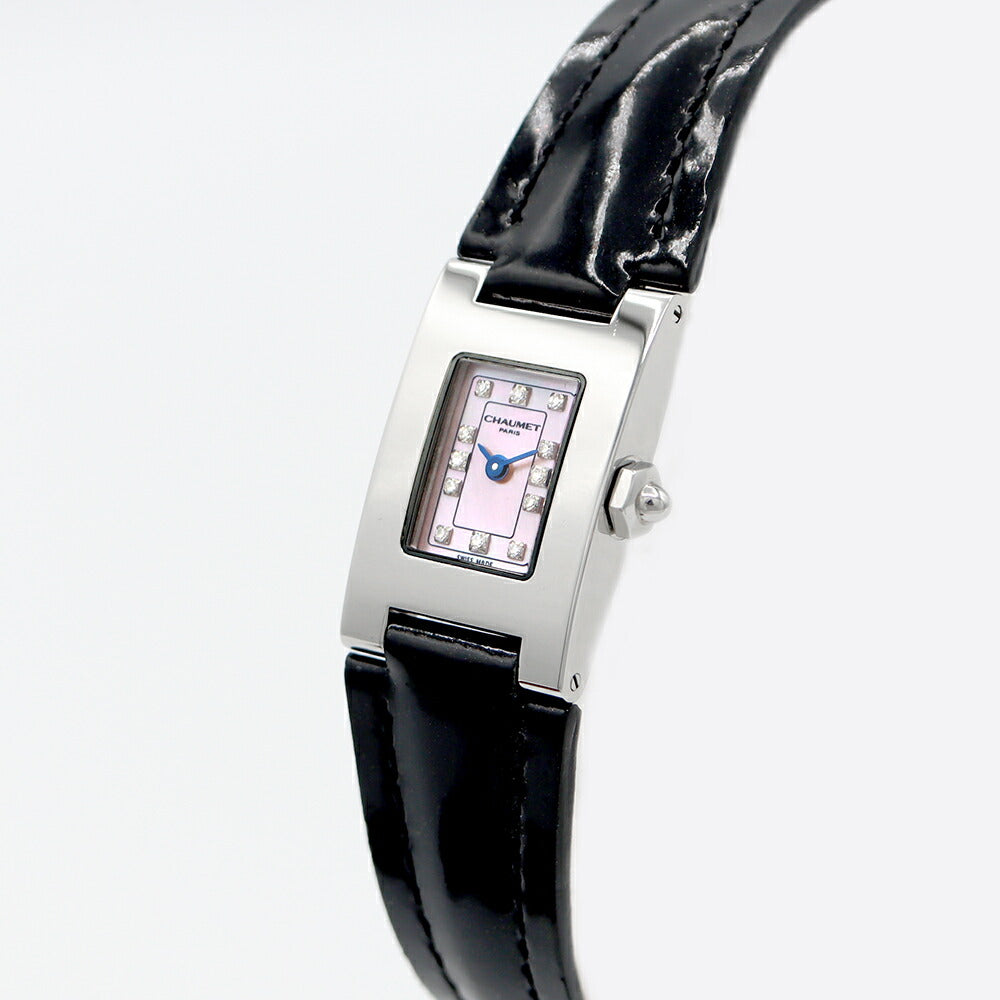 電池交換済 CHAUMET ショーメ スタイルレクタングル W0121D 053 純正ダイヤモンド 12Pダイヤ ピンク シェル SS ステンレス 純正ベルト 純正尾錠 レディース クォーツ【6ヶ月保証】【腕時計】【中古】