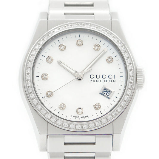 電池交換済 GUCCI グッチ パンテオン ベゼルダイヤ 10Pダイヤ 115 4 YA115404 デイト ホワイトシェル SS ステンレス ボーイズ レディース クォーツ【6ヶ月保証】【腕時計】【中古】