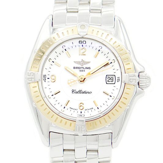 電池交換済 BREITLING ブライトリング カリスティーノ D52045 デイト 100m防水 白 ホワイト YG イエローゴールド SS ステンレス コンビ クォーツ レディース【6ヶ月保証】【腕時計】【中古】