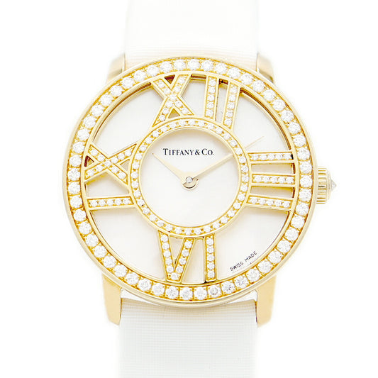 Battery replacement TIFFANY & CO. Tiffany Atlas Cocktail Round Z1900.10.50E91A40b Genuine diamond bezel diamond bleeding white white shell K18YG Yellow gold solid golden genuine belt genuine bleeding Ladies quartz [6 months warranty] [Used]