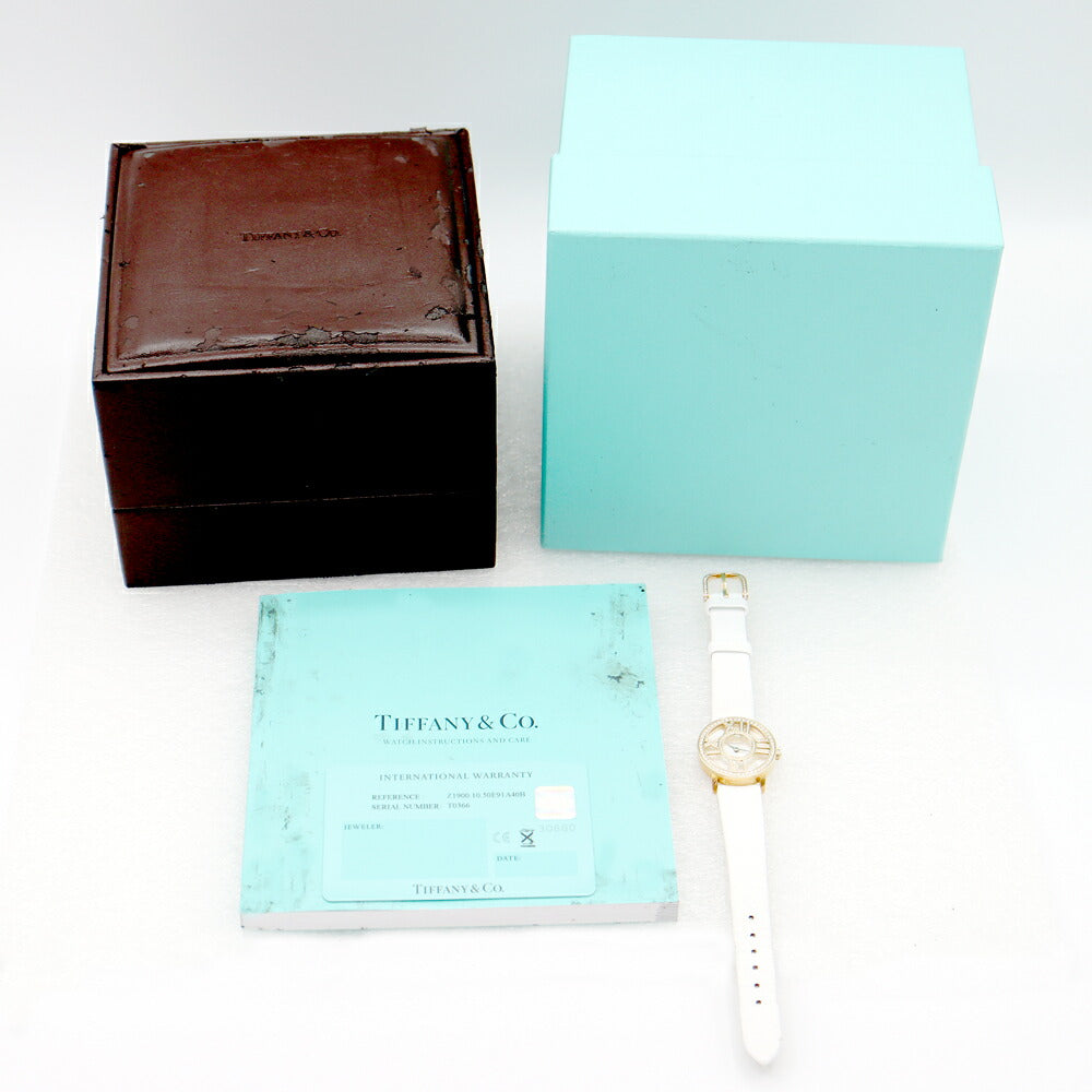 Battery replacement TIFFANY & CO. Tiffany Atlas Cocktail Round Z1900.10.50E91A40b Genuine diamond bezel diamond bleeding white white shell K18YG Yellow gold solid golden genuine belt genuine bleeding Ladies quartz [6 months warranty] [Used]