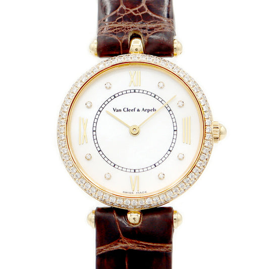 Battery replacement VANCLEEF & ARPPELS Van Cleef & Arpel Classic Round SM HH14845 Genuine diamond 8P diamond bezel diamond white white shell K18YG Yellow gold solid golden genuine belt Genuine buckle Ladies quartz [6 months warranty] Old]