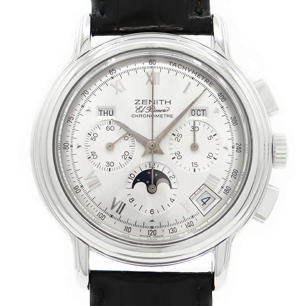 内部点検済 ZENITH ゼニス エルプリメロ クロノマスターT 01.0240.410 ムーンフェイズ トリプルカレンダー クロノグラフ シルバー SS ステンレス 純正ベルト 純正尾錠 メンズ 自動巻き【6ヶ月保証】【腕時計】【中古】