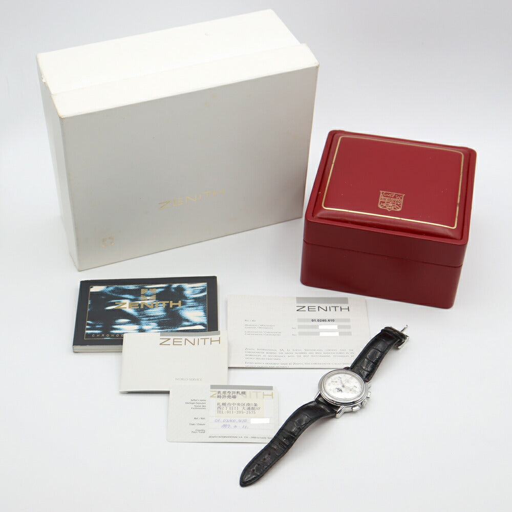 内部点検済 ZENITH ゼニス エルプリメロ クロノマスターT 01.0240.410 ムーンフェイズ トリプルカレンダー クロノグラフ シルバー SS ステンレス 純正ベルト 純正尾錠 メンズ 自動巻き【6ヶ月保証】【腕時計】【中古】