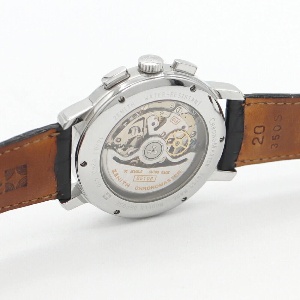 内部点検済 ZENITH ゼニス エルプリメロ クロノマスターT 01.0240.410 ムーンフェイズ トリプルカレンダー クロノグラフ シルバー SS ステンレス 純正ベルト 純正尾錠 メンズ 自動巻き【6ヶ月保証】【腕時計】【中古】