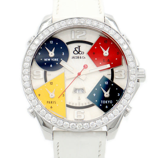 電池交換済 JACOB&Co. ジェイコブ ファイブタイムゾーン 47mm ダイヤベゼル 白 ホワイト ギョーシェ SS ステンレス 純正ベルト 純正尾錠 メンズ クォーツ 5タイム【6ヶ月保証】【腕時計】【中古】