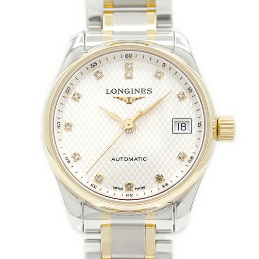 LONGINES ロンジン マスターコレクション L2.128.5.77.7 12Pダイヤ デイト 裏スケ シルバー ギョーシェ K18YG イエローゴールド SS ステンレス コンビ レディース 自動巻き 【6ヶ月保証】【腕時計】【中古】