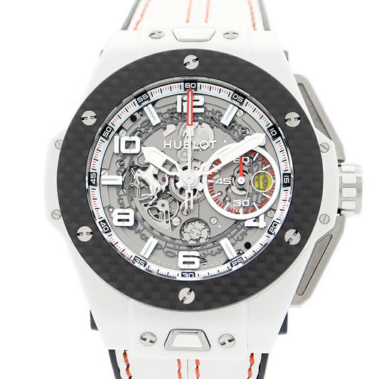 ほぼ新品 内部点検済 HUBLOT ウブロ ビッグバン フェラーリ 401.HQ.0121.VR 44mm 世界500本限定 スケルトン デイト シルバー カーボン ホワイトセラミック チタン 純正ベルト 純正尾錠 メンズ 自動巻き ビックバン【6ヶ月保証】【腕時計】【中古】