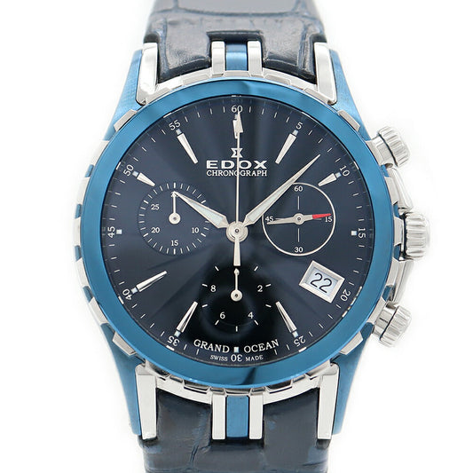 電池交換済 EDOX エドックス グランドオーシャン 10410 デイト 100m防水 黒 ブラック SS ステンレス 純正ベルト 純正尾錠 メンズ クォーツ【6ヶ月保証】【腕時計】【中古】