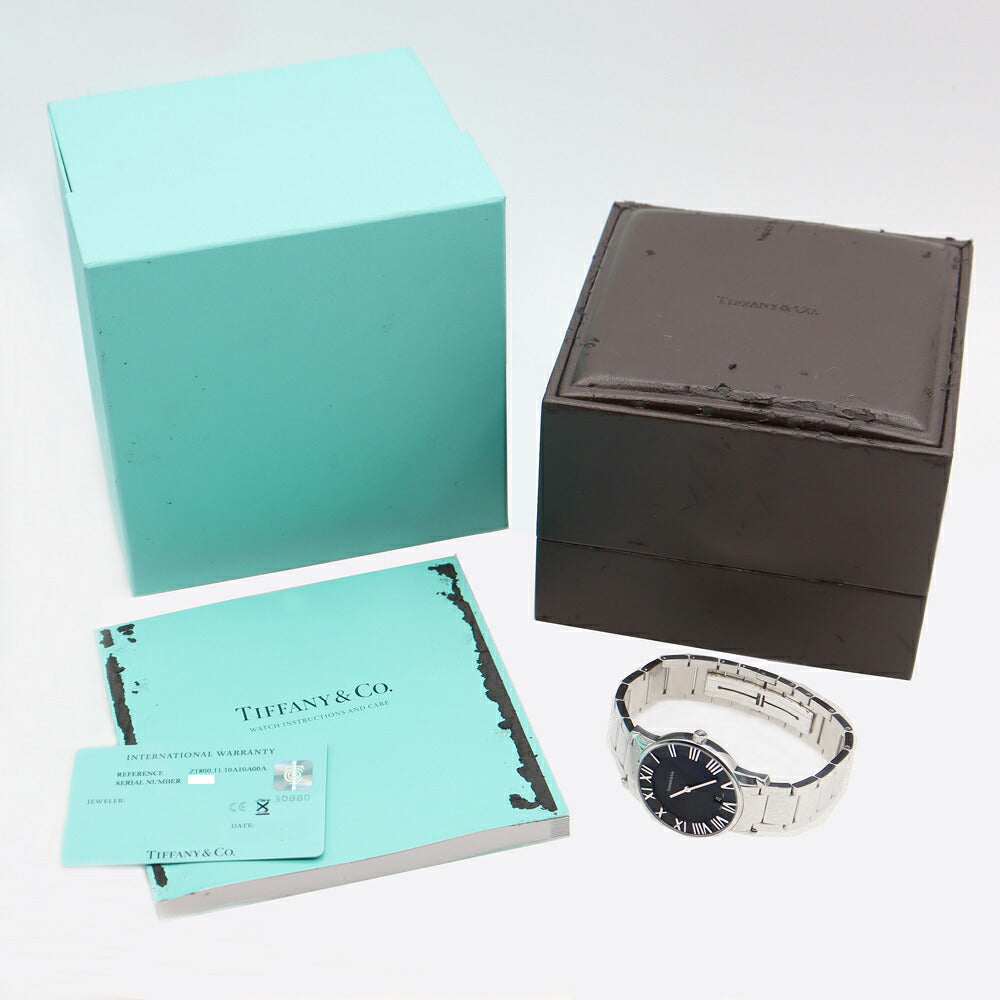 電池交換済 TIFFANY&Co. ティファニー アトラス ドーム Z1800.11.10A10A00A 50m防水 デイト 黒 ブラック SS ステンレス メンズ クォーツ【6ヶ月保証】【腕時計】【中古】