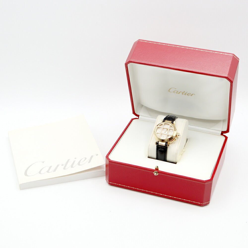 内部点検済 Cartier カルティエ パシャ グリッド 32mm グリッドダイヤ リューズダイヤ WJ108056 30ｍ防水 純正ダイヤモンド デイト シルバー ギョーシェ K18YG イエローゴールド 純正ベルト 純正K18YG尾錠 レディース 自動巻き【6ヶ月保証】【腕時計】【中古】