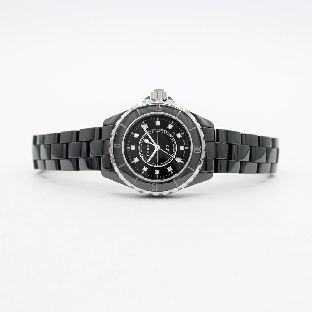 電池交換済 CHANEL シャネル J12 33mm H1625 12Pダイヤモンド 200m防水 デイト 黒 ブラック セラミック SS ステンレス レディース クォーツ 【6ヶ月保証】【腕時計】【中古】