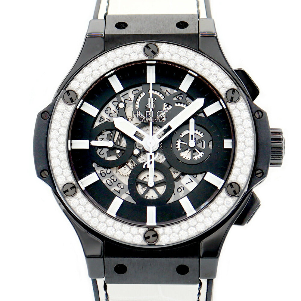 内部点検済 HUBLOT ウブロ ビッグバン アエロバン ブラック&ホワイト 44mm クロノグラフ 311.CM.1110.GR.1100.DZA13 日本限定30本 純正ダイヤモンド ダイヤベゼル 黒 ブラック SS ステンレス セラミック 純正ベルト 純正尾錠 メンズ 自動巻き【6ヶ月保証】【腕時計】【中古】