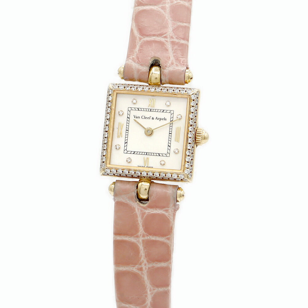 Battery replacement VANCLEEF & ARPPELS Van Cleef & Arpel Classic Square 8P diamond genuine diamond bezel 136942 white shell K18YG yellow gold genuine bleeding ladies quartz [6 months warranty] [Watch] [Used]