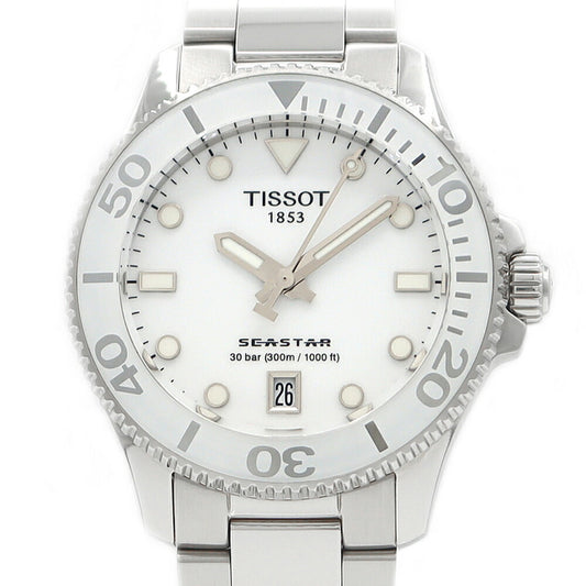 電池交換済 TISSOT ティソ シースター T120 210 11 011 00 300m防水 デイト 白 ホワイト SS ステンレス メンズ ボーイズ レディース クオーツ【6ヶ月保証】【腕時計】【中古】