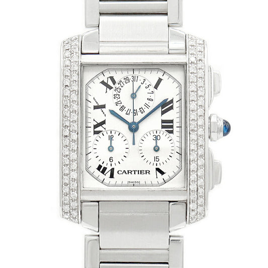 電池交換済 Cartier カルティエ タンクフランセーズ LM クロノリフレックス クロノグラフ W51001Q3 デイト 2重ダイヤベゼル アイボリー SS ステンレス アフターダイヤモンド メンズ クォーツ 【6ヶ月保証】【腕時計】【中古】