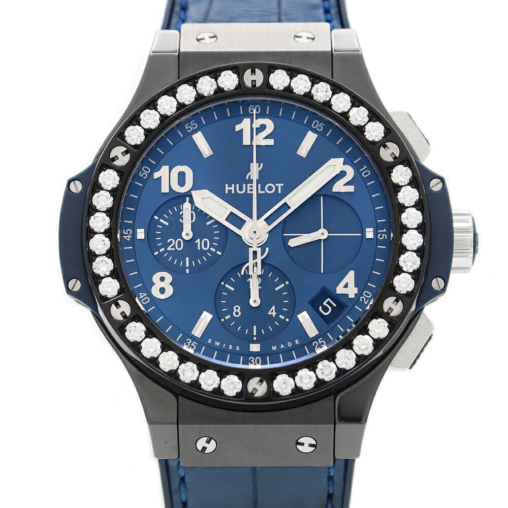 HUBLOT ウブロ ビッグバン ダイヤベゼル 341.CM.7170.LR.1204 純正ダイヤモンド デイト 100m防水 青 ブルー CE セラミック 純正ベルト 純正尾錠 メンズ 自動巻き【6ヶ月保証】【腕時計】【中古】