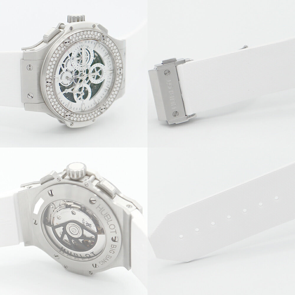 内部点検済 HUBLOT ウブロ ビッグバン アエロバン クロノグラフ 311.SE.2010.RW.1104.JSM12 44mm 日本限定 オールホワイト デイト 純正ダイヤモンド ダイヤベゼル 白 ホワイト スケルトン SS ステンレス メンズ 自動巻き ビックバン【6ヶ月保証】【腕時計】【中古】