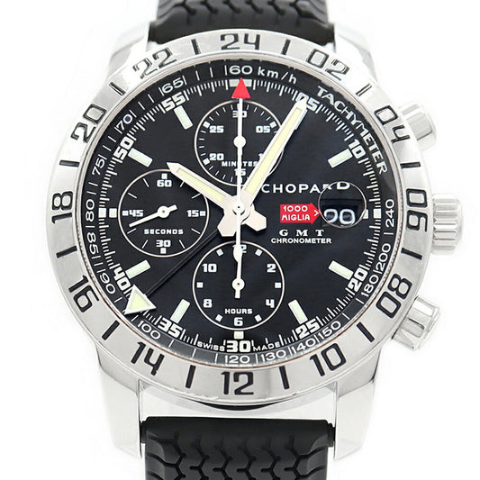 内部点検済 Chopard ショパール ミッレミリア GMT クロノグラフ 16/8992 50m防水 デイト 黒 ブラック SS ステンレス 純正ラバーベルト 純正尾錠 メンズ 自動巻き【6ヶ月保証】【腕時計】【中古】