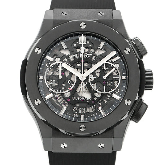 内部点検済 HUBLOT ウブロ クラシックフュージョン アエロフュージョン クロノグラフ ブラックマジック 525.CM.0170.RX デイト スケルトン 黒 ブラック セラミック SS ステンレス 純正ラバーベルト 純正尾錠 メンズ 自動巻き【6ヶ月保証】【腕時計】【中古】