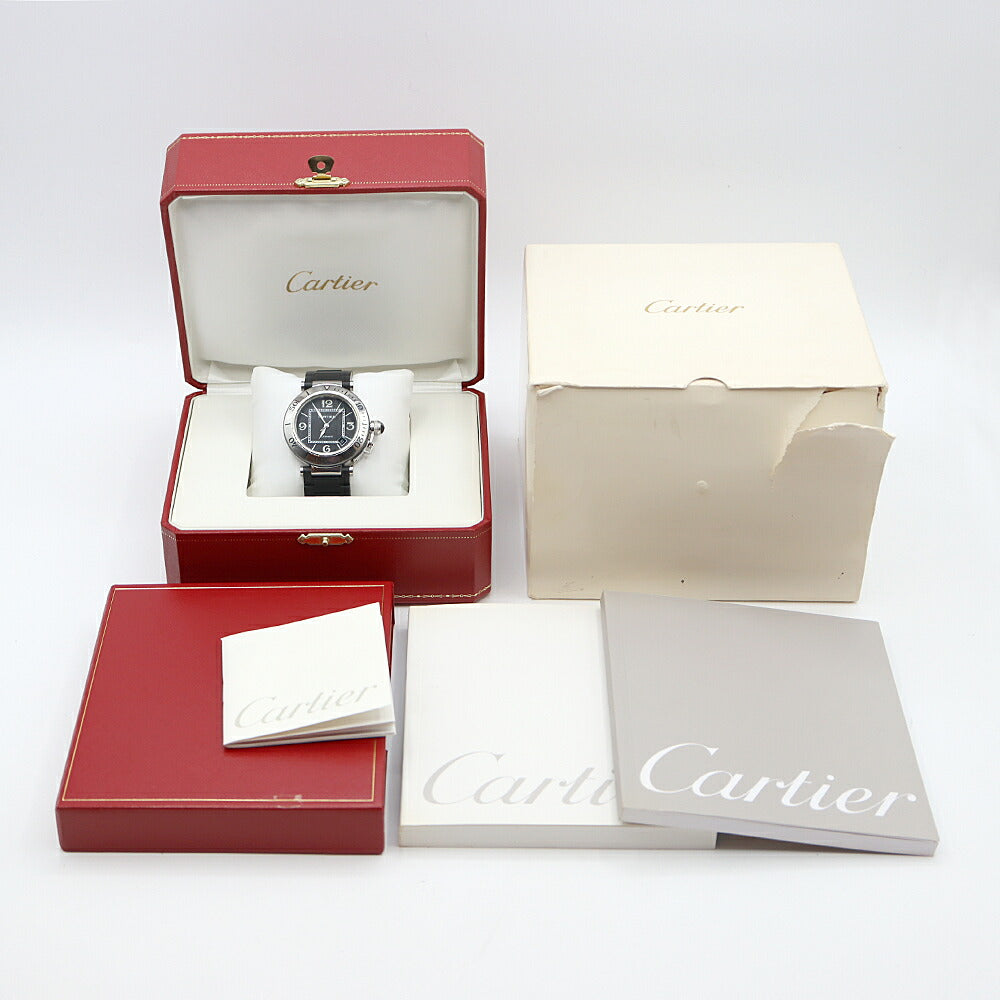 Cartier カルティエ パシャ シータイマー W31077U2 100m防水 デイト 黒 ブラック SS ステンレス 純正ラバーベルト 純正尾錠 メンズ 自動巻き【6ヶ月保証】【腕時計】【中古】