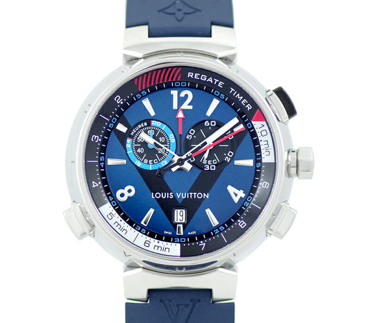 Almost new battery replacement Louis Vuitton Louis Vuitton Tambul Regatta Chronograph Q102D 100m waterproof blue blue dial SS Stainless steel genuine belt Men's quartz [6 months warranty] [Watch] [Used]