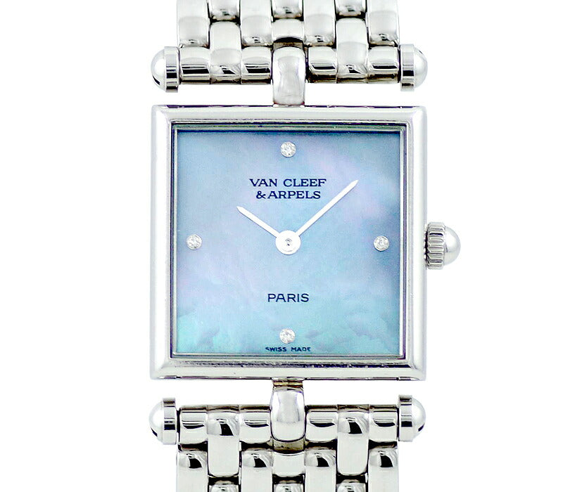 Battery replacement VANCLEEF & ARPPELS Van Cleef & Arpel Classic Square Care 522642 4P Diamond Blue Shell Dial SS Stainless Ladies Quartz [6 months Warranty] [Watch] [Used]