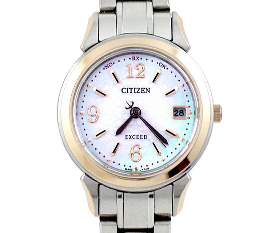 CITIZEN シチズン エクシード H050-T016944 デイト シェル 文字盤 チタン PG ピンクゴールド コンビ ソーラー電波 レディース【6ヶ月保証】【腕時計】【中古】