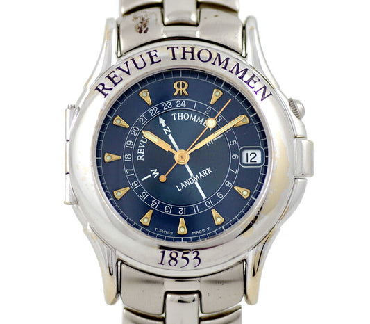 電池交換済 REVUE THOMMEN レビュートーメン ランドマーク ラリー デイト 5825003 30m防水 青 ネイビー ブルー 文字盤  SS ステンレス 純正ベルト メンズ クォーツ【1ヶ月保証】【腕時計】【中古】